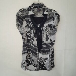 ANAC Designed by Kimi Shirt XL Black‎ White Abstract Print Mesh Button Up Blouse